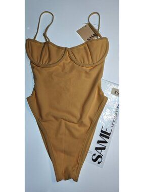 SAME Los Angeles One Piece Swimsuit XS Faux Suede Underwire Beige NWT